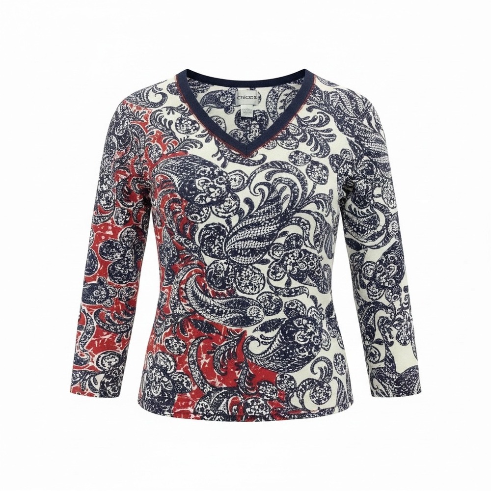 Chico's Women Size 1 Red Navy Blue White Paisley Floral V-Neck 3/4 Sleeve Top